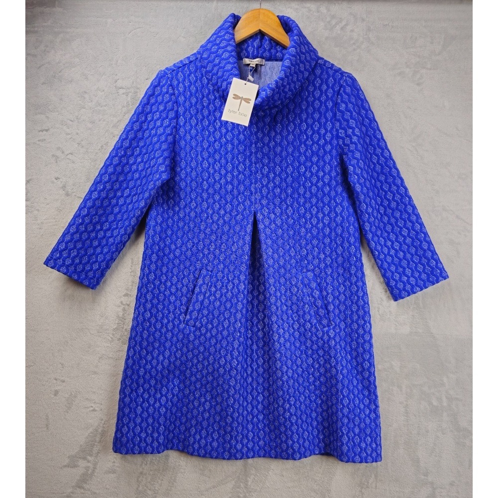 Tyler Boe Dress Medium Cowl Neck Blue 3/4 Sleeve  Pockets Textured Geometric NWT
